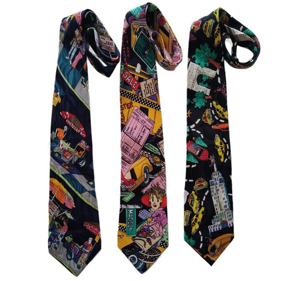 Lot of 3 Vintage 1990s Nicole Miller NYC New York City Themed Silk Ties Neckties - Picture 1 of 14
